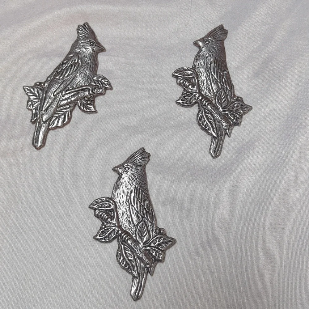 Vintage 1989 Carson Pewter Bird Ornaments Set of 12 Chickens, Ducks Cardinals